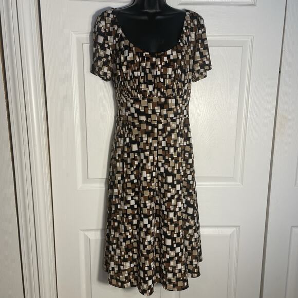 Vintage Y2K Danny Nicole Dress Women 12 Brown Geometric Pleated Back Tie Stretch - Picture 1 of 7